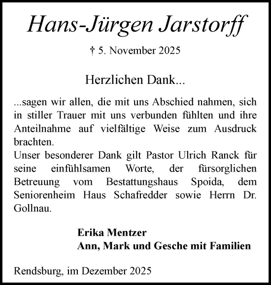 Traueranzeige von Hans-Jürgen Jarstorff von Schleswig-Holsteinische Landeszeitung