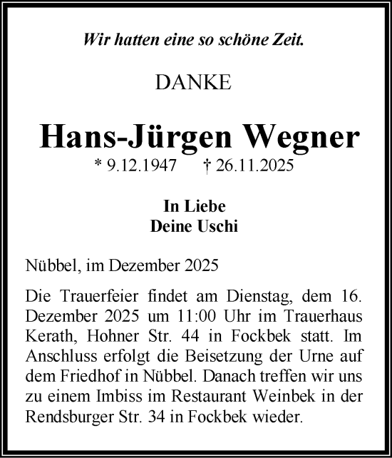 Traueranzeige von Hans-Jürgen Wegner von Schleswig-Holsteinische Landeszeitung