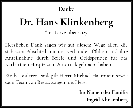 Traueranzeige von Hans Klinkenberg von Flensburger Tageblatt