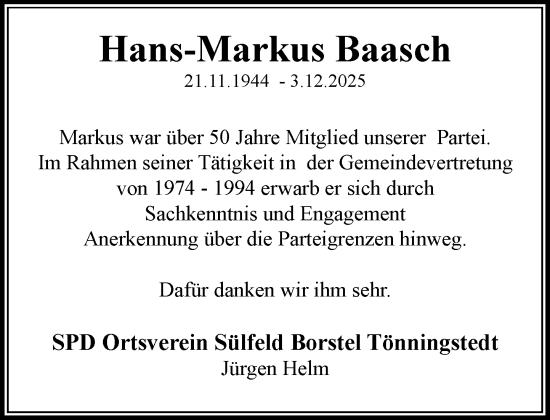 Traueranzeige von Hans-Markus Baasch von MARKT Ahrensburg/Bargteheide/Trittau und Stormarner Tageblatt