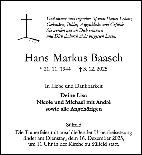 Traueranzeige von Hans-Markus Baasch von MARKT Ahrensburg/Bargteheide/Trittau und Stormarner Tageblatt