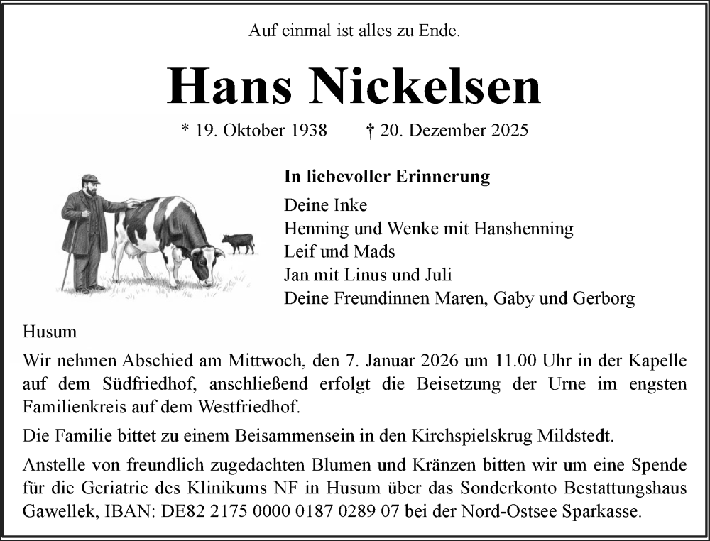  Traueranzeige für Hans Nickelsen vom 27.12.2025 aus Husumer Nachrichten, Nordfriesland Tageblatt