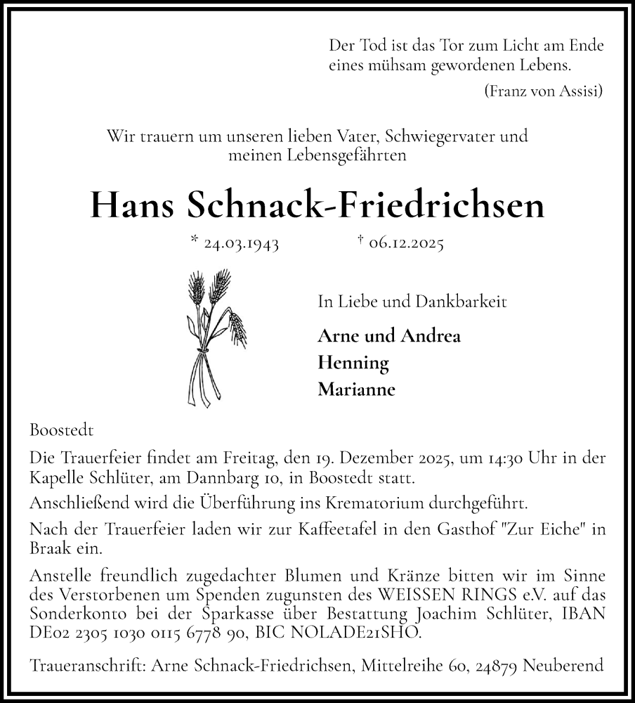  Traueranzeige für Hans Schnack-Friedrichsen vom 13.12.2025 aus Holsteinischer Courier
