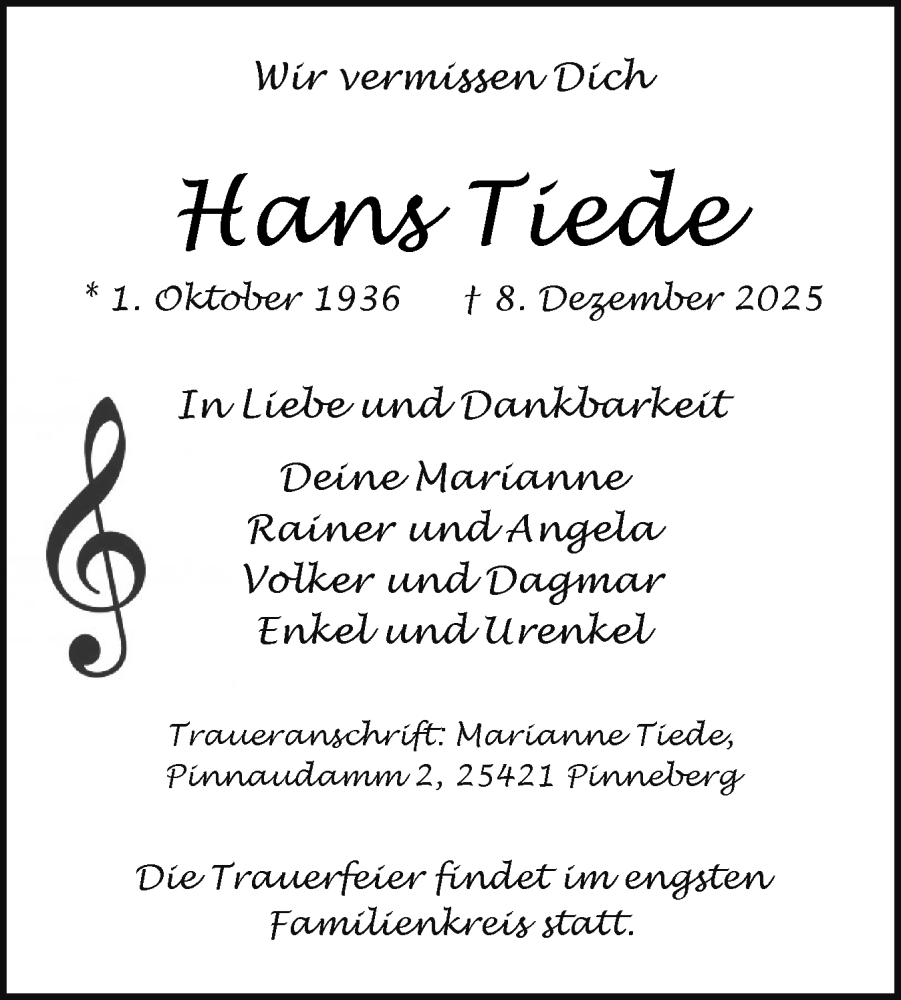  Traueranzeige für Hans Tiede vom 20.12.2025 aus Region Pinneberg und tip Pinneberg