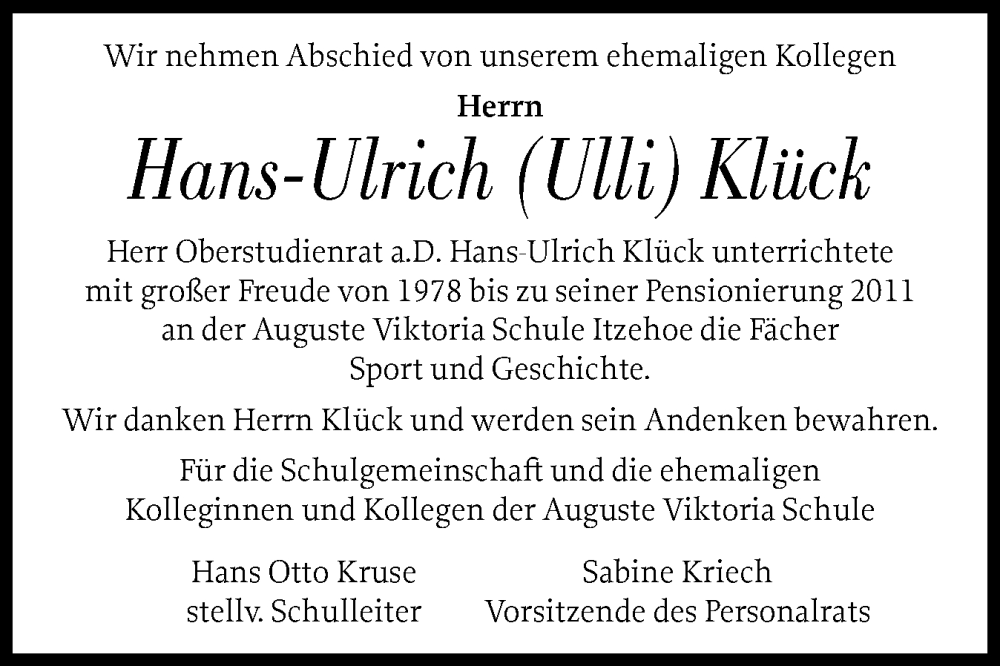  Traueranzeige für Hans-Ulrich Klück vom 20.12.2025 aus Norddeutsche Rundschau, Wilstersche Zeitung, Glückstädter Fortuna