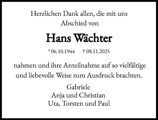 Traueranzeige von Hans Wächter von Heimatspiegel