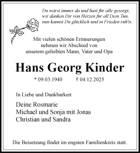 Traueranzeige von Hans Georg Kinder von Wochenend Anzeiger