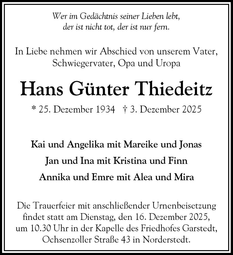  Traueranzeige für Hans Günter Thiedeitz vom 13.12.2025 aus Heimatspiegel