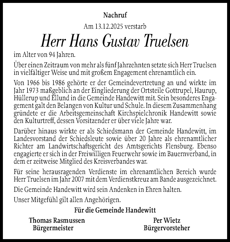  Traueranzeige für Hans Gustav Truelsen vom 20.12.2025 aus Flensburger Tageblatt