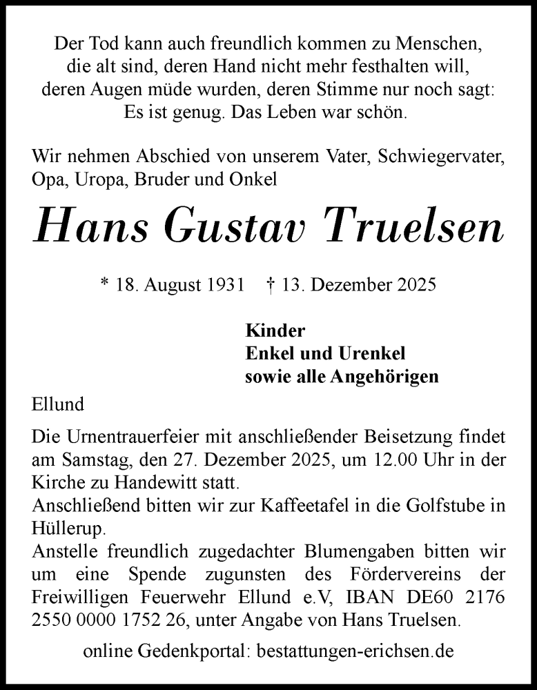  Traueranzeige für Hans Gustav Truelsen vom 20.12.2025 aus Region Flensburg