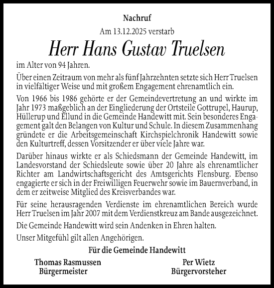 Traueranzeige von Hans Gustav Truelsen von Flensburger Tageblatt