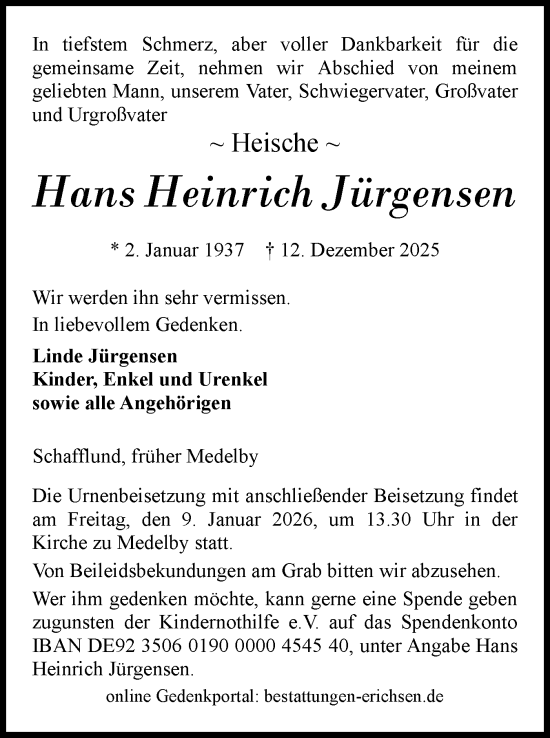 Traueranzeige von Hans Heinrich Jürgensen von Flensburger Tageblatt