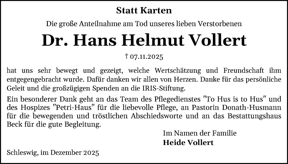  Traueranzeige für Hans Helmut Vollert vom 13.12.2025 aus Schleswiger Nachrichten, Schlei-Bote