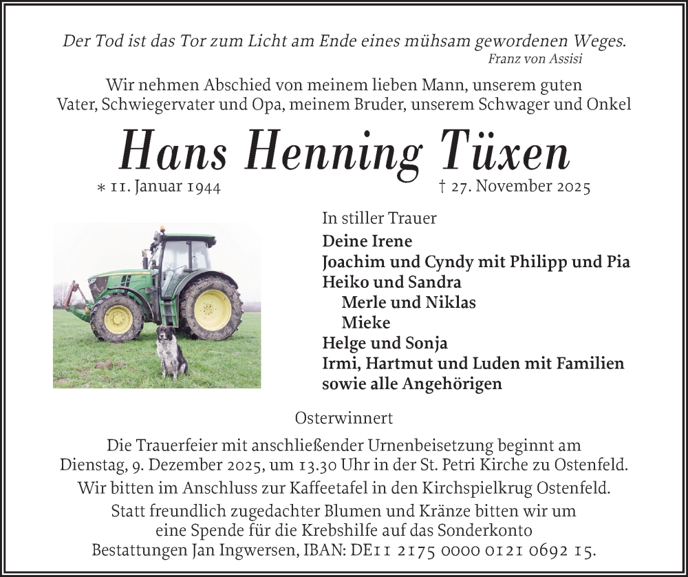  Traueranzeige für Hans Henning Tüxen vom 03.12.2025 aus Husumer Nachrichten, Nordfriesland Tageblatt