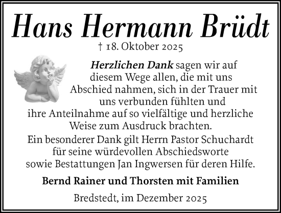 Traueranzeige von Hans Hermann Brüdt von Husumer Nachrichten, Nordfriesland Tageblatt