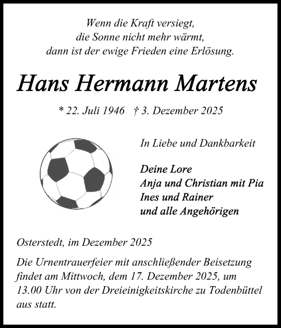 Traueranzeige von Hans Hermann Martens von Schleswig-Holsteinische Landeszeitung