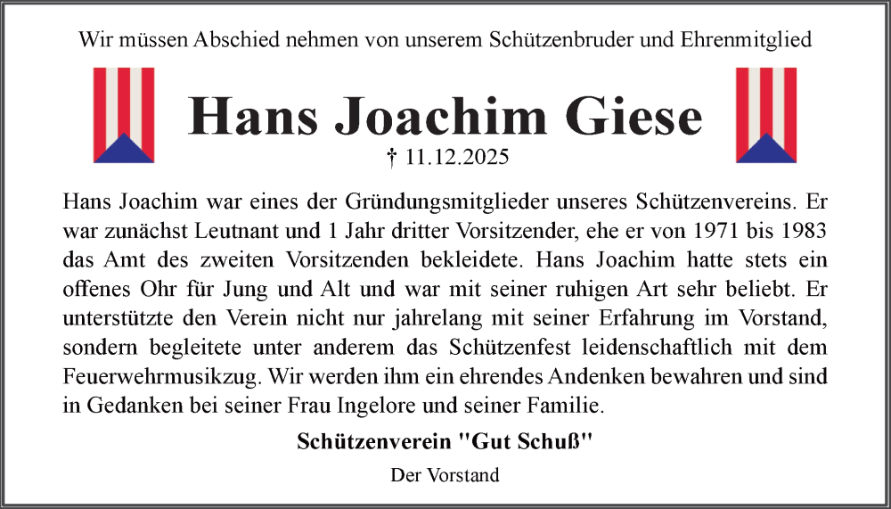  Traueranzeige für Hans Joachim Giese vom 30.12.2025 aus Husumer Nachrichten, Nordfriesland Tageblatt