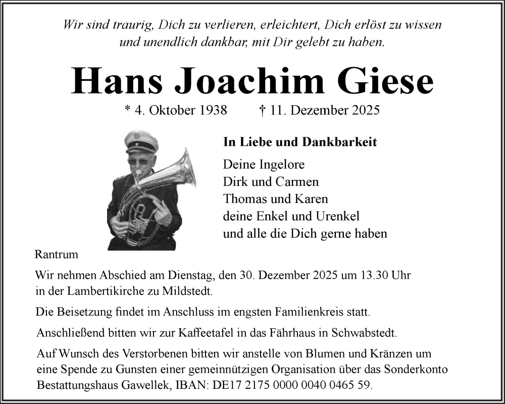  Traueranzeige für Hans Joachim Giese vom 20.12.2025 aus Husumer Nachrichten, Nordfriesland Tageblatt