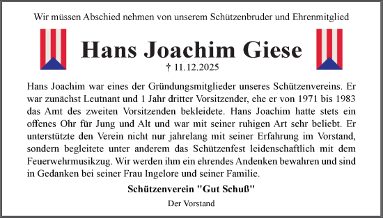 Traueranzeige von Hans Joachim Giese von Husumer Nachrichten, Nordfriesland Tageblatt