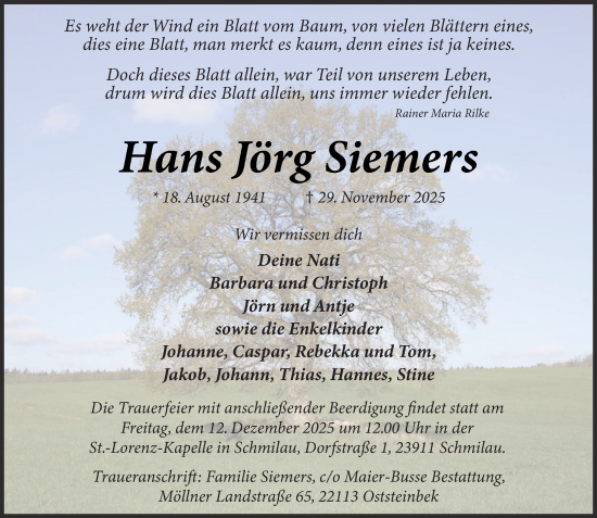 Traueranzeige von Hans Jörg Siemers von MARKT Glinde/Reinfeld