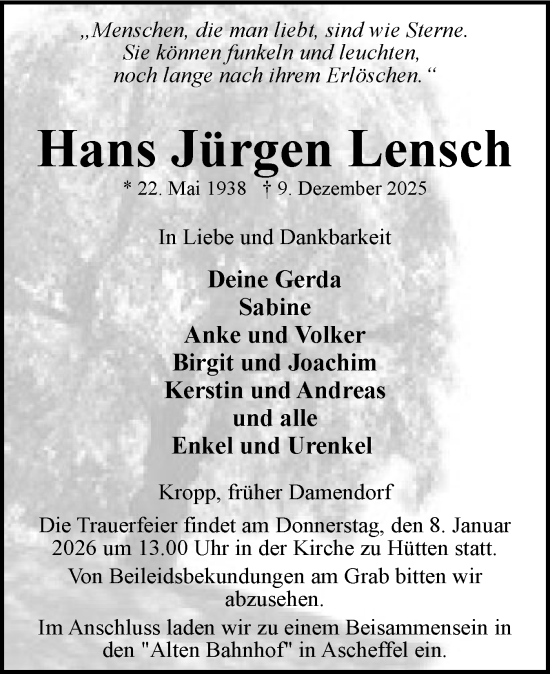 Traueranzeige von Hans Jürgen Lensch von Eckernförder Zeitung, Hallo Eckernförde