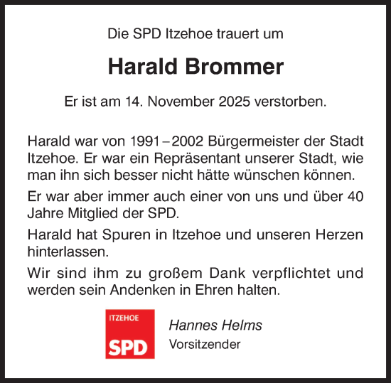 Traueranzeige von Harald Brommer von Norddeutsche Rundschau, Wilstersche Zeitung, Glückstädter Fortuna