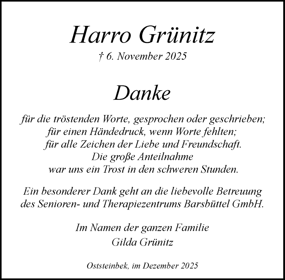  Traueranzeige für Harro Grünitz vom 20.12.2025 aus MARKT Glinde/Reinfeld