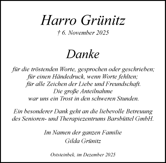 Traueranzeige von Harro Grünitz von MARKT Glinde/Reinfeld
