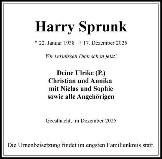 Traueranzeige von Harry Sprunk von Wochenend Anzeiger