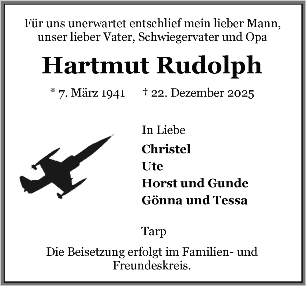  Traueranzeige für Hartmut Rudolph vom 31.12.2025 aus Flensburger Tageblatt