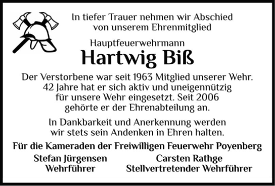 Traueranzeige von Hartwig Biß von Norddeutsche Rundschau, Wilstersche Zeitung, Glückstädter Fortuna