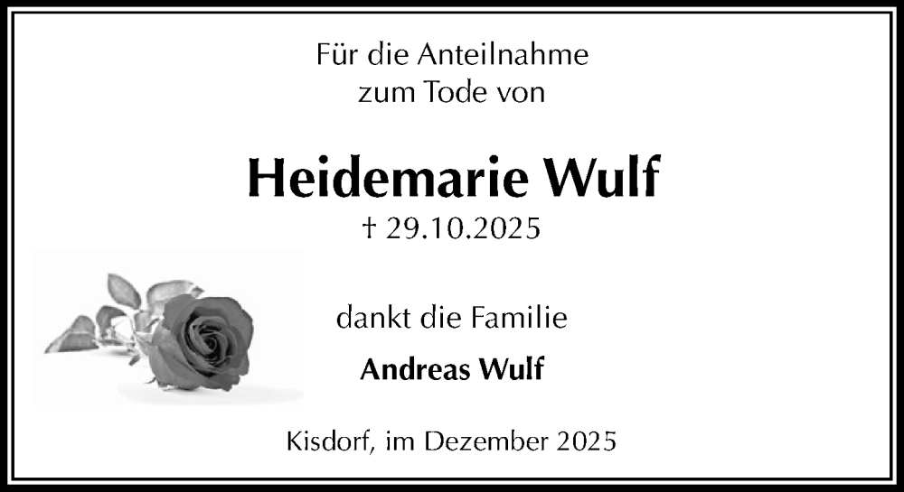  Traueranzeige für Heidemarie Wulf vom 06.12.2025 aus Umschau