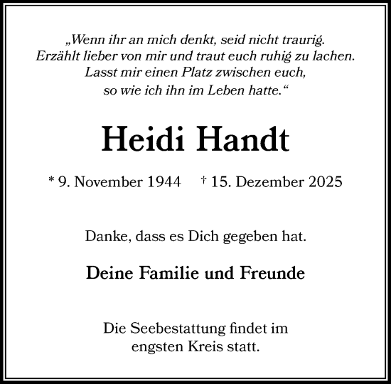 Traueranzeige von Heidi Handt von MARKT Glinde/Reinfeld
