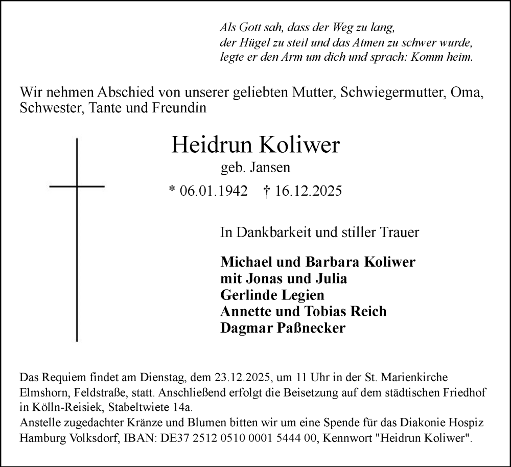  Traueranzeige für Heidrun Koliwer vom 20.12.2025 aus Elmshorner Nachrichten, Barmstedter Zeitung
