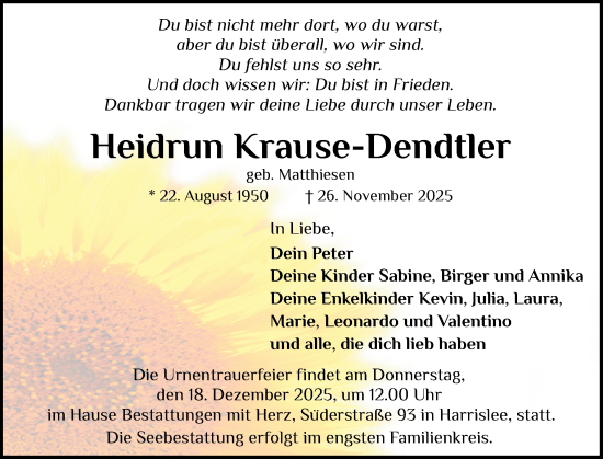 Traueranzeige von Heidrun Krause-Dendtler von Flensburger Tageblatt