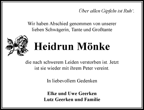 Traueranzeige von Heidrun Mönke von MARKT Bad Oldesloe/Reinfeld und Stormarner Tageblatt