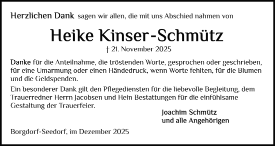 Traueranzeige von Heike Kinser-Schmütz von Schleswig-Holsteinische Landeszeitung
