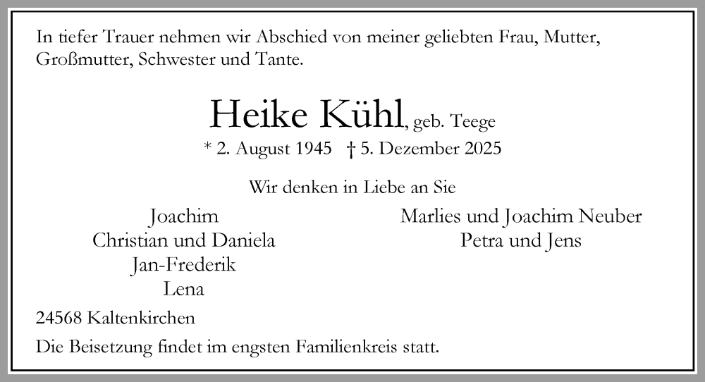  Traueranzeige für Heike Kühl vom 13.12.2025 aus Umschau