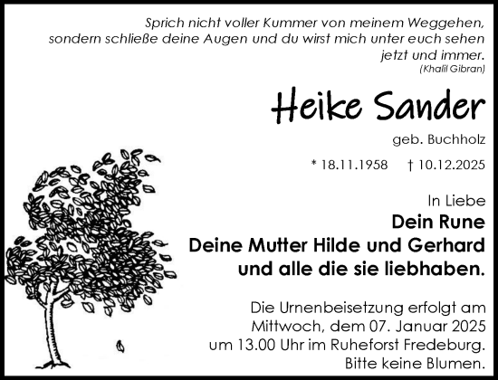 Traueranzeige von Heike Sander von MARKT Ratzeburg/Mölln