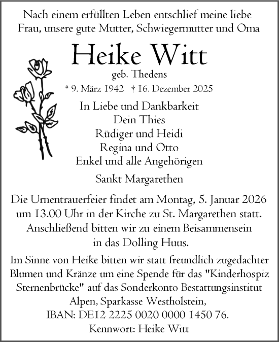 Traueranzeige von Heike Witt von Norddeutsche Rundschau, Wilstersche Zeitung, Glückstädter Fortuna