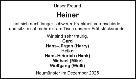 Traueranzeige von Heiner  von Holsteinischer Courier