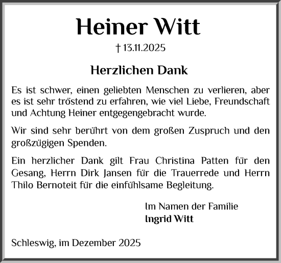 Traueranzeige von Heiner Witt von Schleswiger Nachrichten, Schlei-Bote