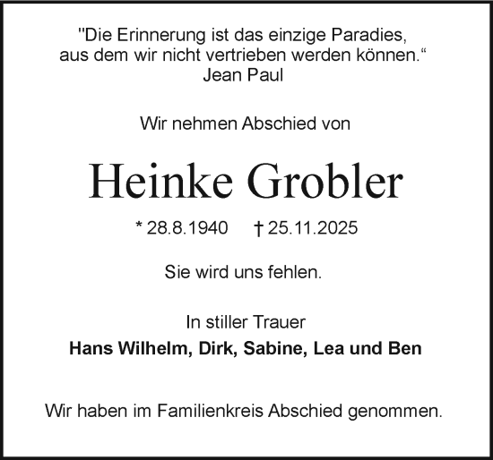Traueranzeige von Heinke Grobler von Holsteinischer Courier