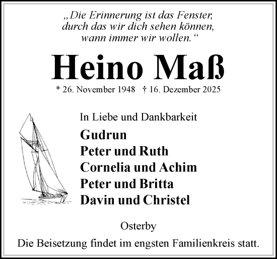Traueranzeige von Heino Maß von Eckernförder Zeitung, Hallo Eckernförde