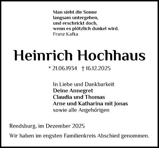 Traueranzeige von Heinrich Hochhaus von Schleswig-Holsteinische Landeszeitung