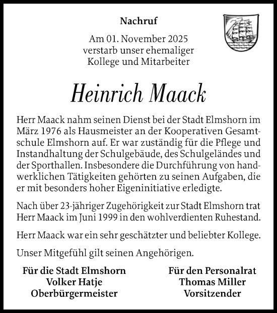 Traueranzeige von Heinrich Maack von Elmshorner Nachrichten, Barmstedter Zeitung