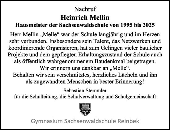 Traueranzeige von Heinrich Mellin von MARKT Glinde/Reinfeld