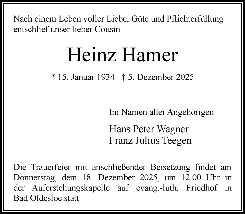  Traueranzeige für Heinz Hamer vom 13.12.2025 aus MARKT Bad Oldesloe/Reinfeld und Stormarner Tageblatt
