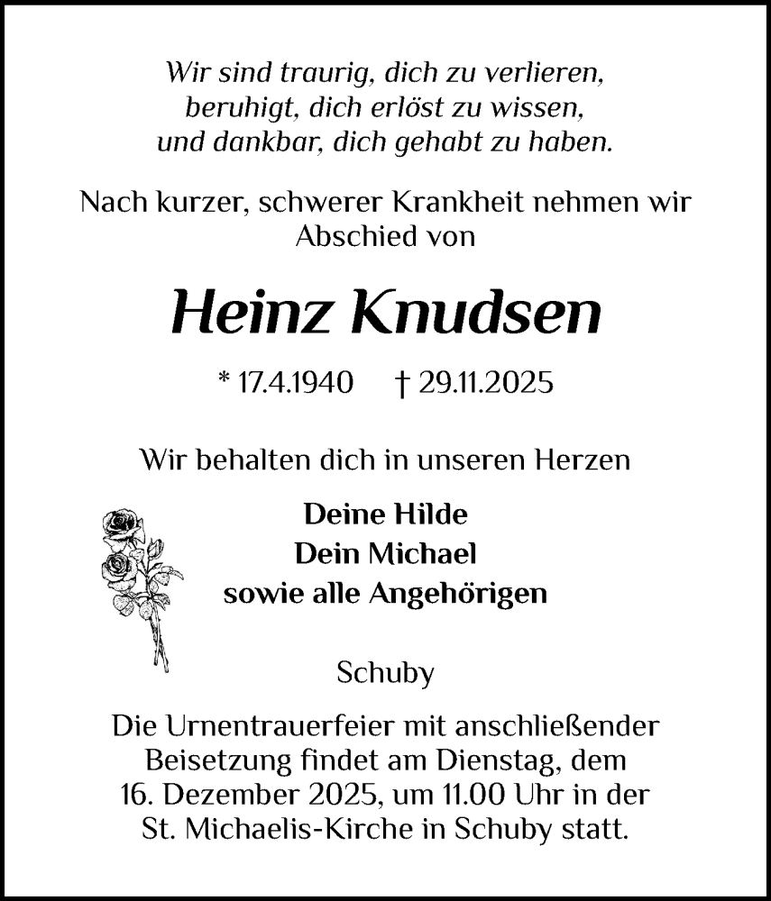  Traueranzeige für Heinz Knudsen vom 06.12.2025 aus Schleswiger Nachrichten, Schlei-Bote