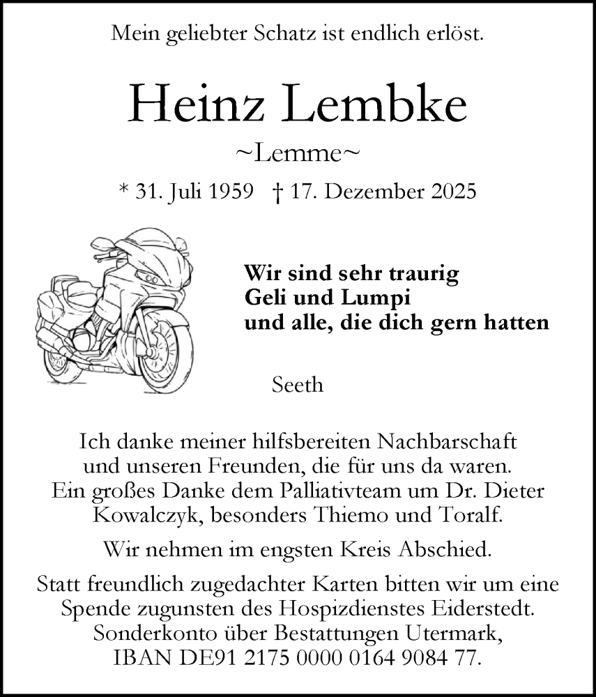 Traueranzeige für Heinz Lembke vom 20.12.2025 aus Husumer Nachrichten, Nordfriesland Tageblatt